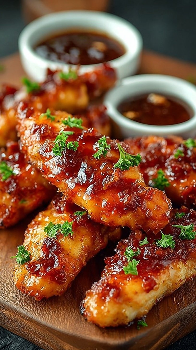 Crispy bacon-wrapped chicken tenders coated in a glistening brown sugar glaze on a wire rack.