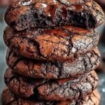 A stack of fudgy brownie cookies with shiny crackly tops and sea salt