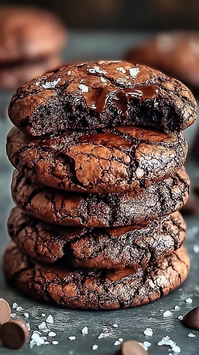 A stack of fudgy brownie cookies with shiny crackly tops and sea salt
