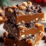 Pieces of chocolate-covered toffee with pecans and sprinkles on a baking sheet