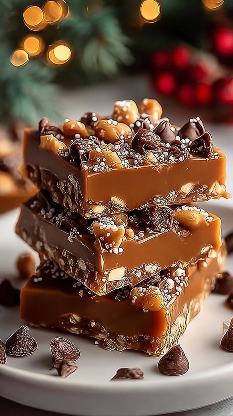 Pieces of chocolate-covered toffee with pecans and sprinkles on a baking sheet
