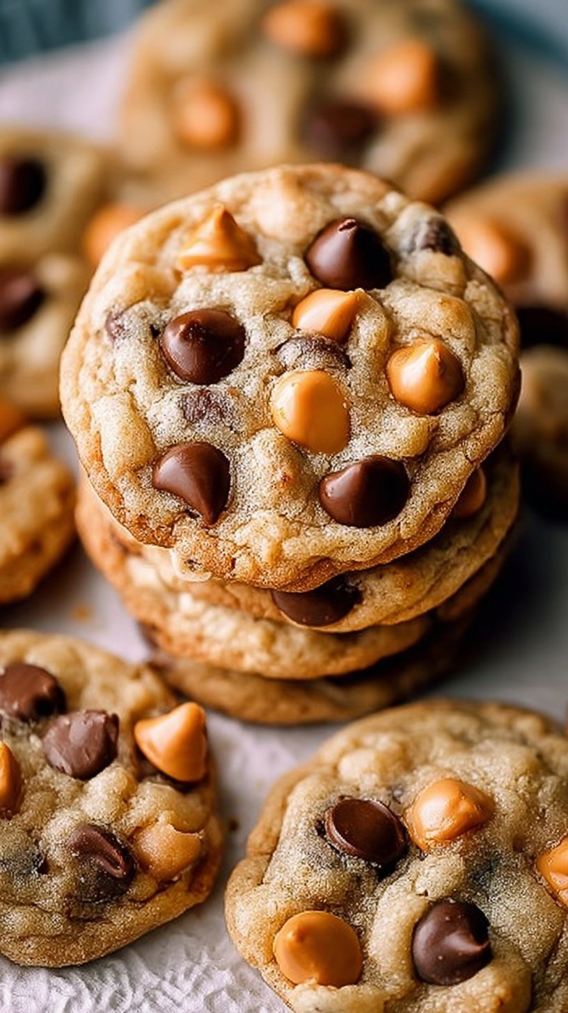 A stack of golden brown butterscotch chocolate chip cookies with melted chocolate and flaky sea salt on top.