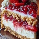 A slice of strawberry crunch cheesecake with a pink cookie crumble topping on a white plate.