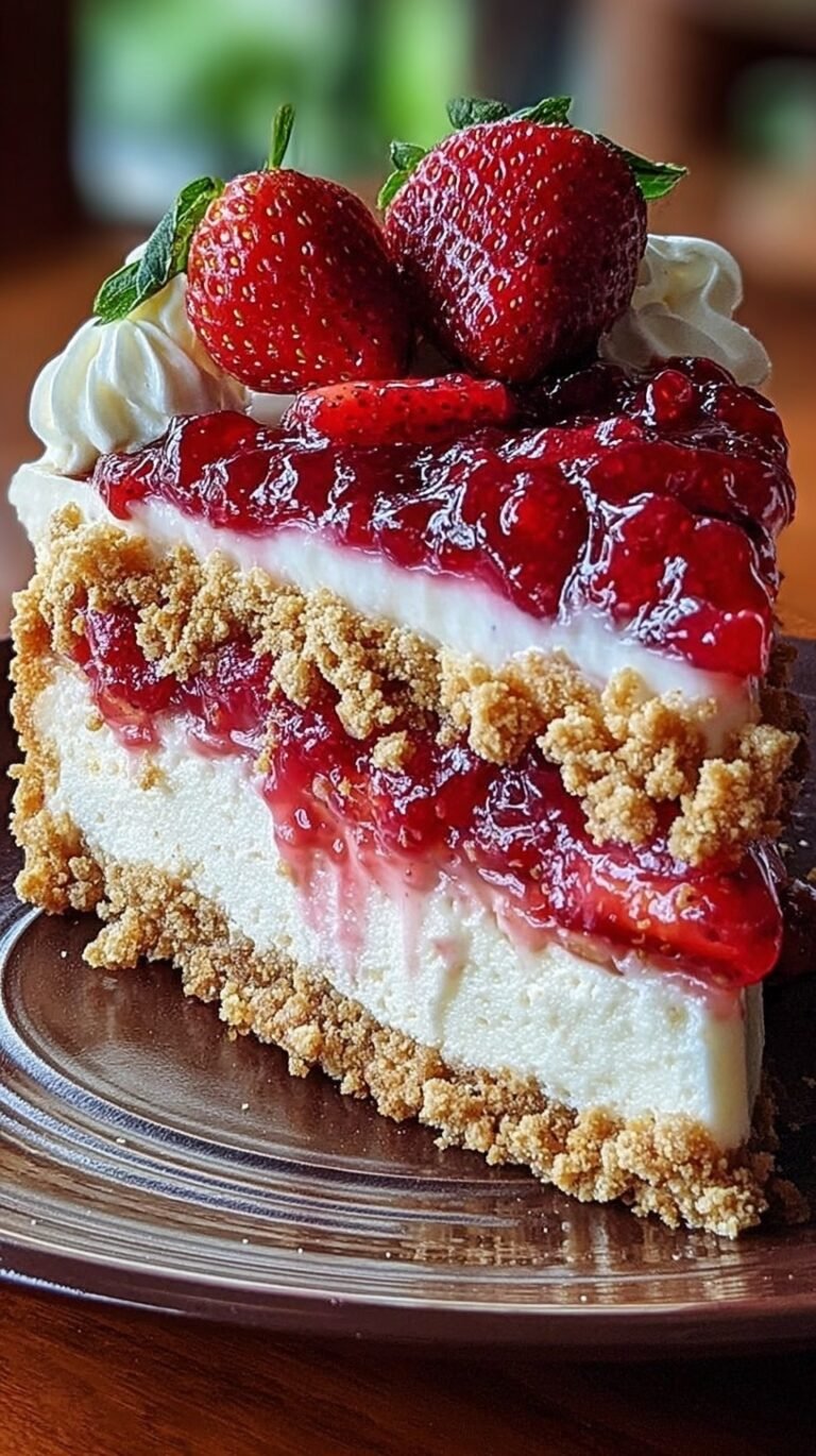 A slice of strawberry crunch cheesecake with a pink cookie crumble topping on a white plate.