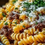 A creamy skillet of beef and cheddar pasta with melted cheese and macaroni.