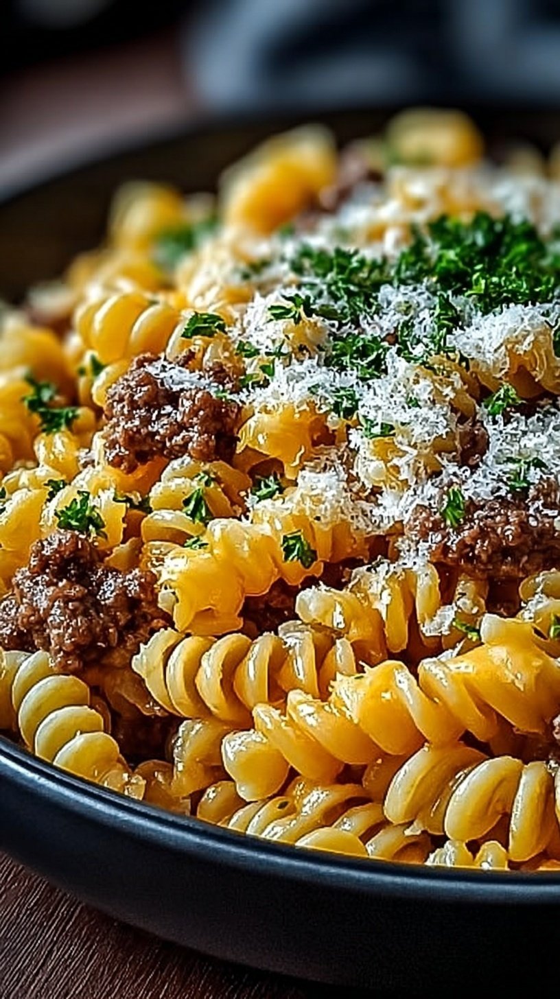 A creamy skillet of beef and cheddar pasta with melted cheese and macaroni.