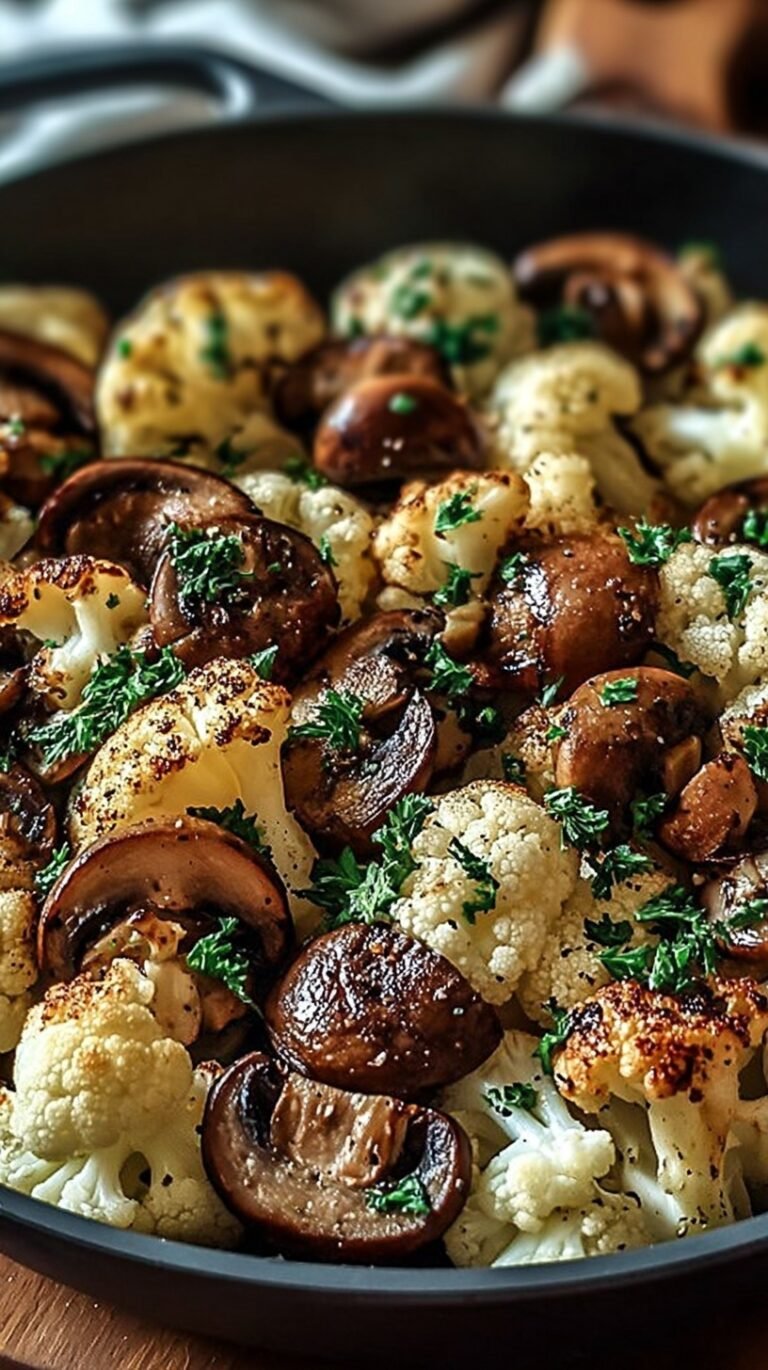 A golden brown Garlic Mushroom Cauliflower Skillet with fresh parsley and lemon in a cast iron pan.