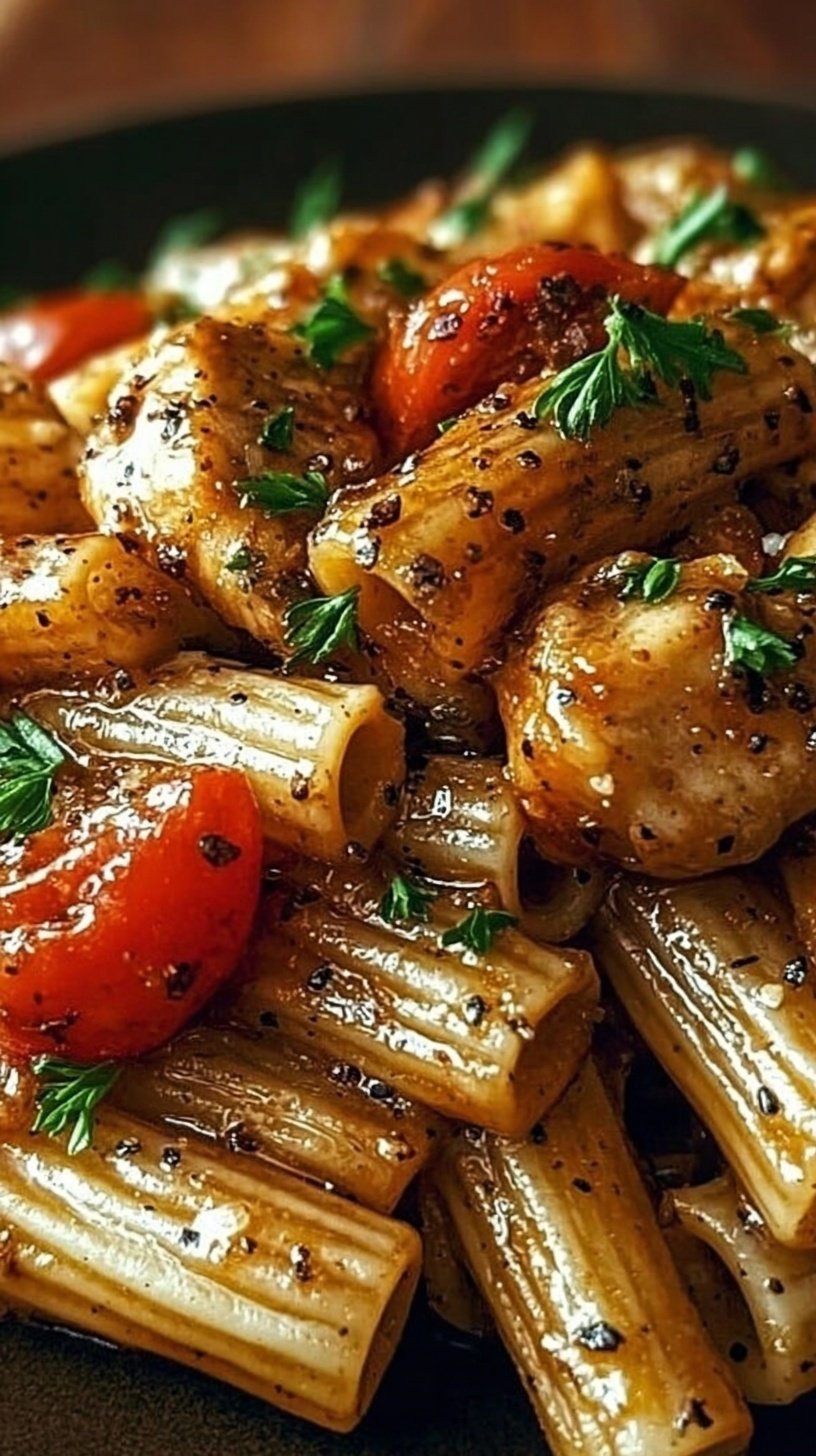 A bowl of honey pepper chicken pasta with golden chicken and parsley