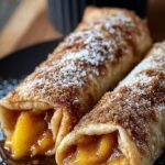 Golden brown fried egg rolls dusted with powdered sugar and filled with spiced peaches