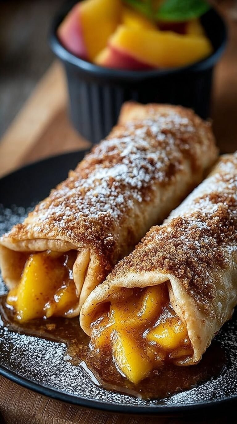 Golden brown fried egg rolls dusted with powdered sugar and filled with spiced peaches