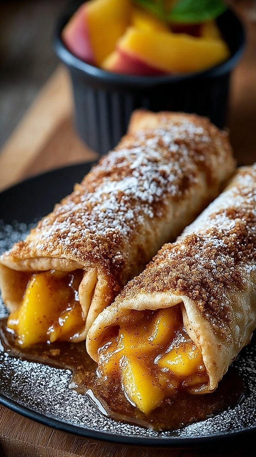 Golden brown fried egg rolls dusted with powdered sugar and filled with spiced peaches