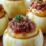 Baked cheesecake stuffed apples topped with graham cracker crumble and caramel drizzle