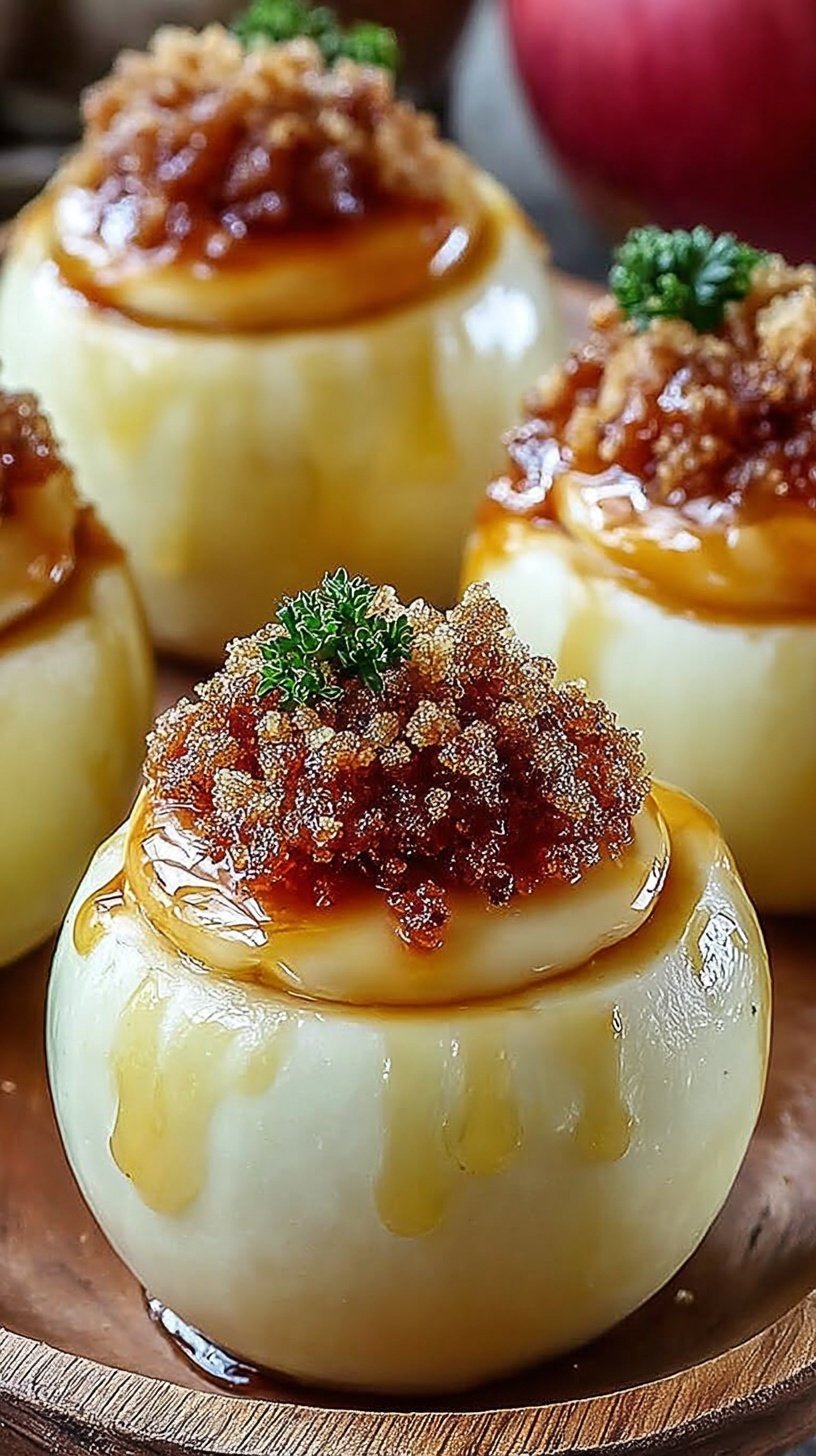 Baked cheesecake stuffed apples topped with graham cracker crumble and caramel drizzle