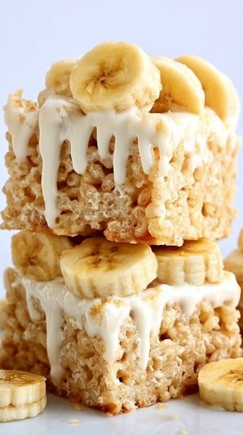 A stack of yellow-tinted marshmallow cereal bars with crushed vanilla wafers and dried banana chips on a white platter.