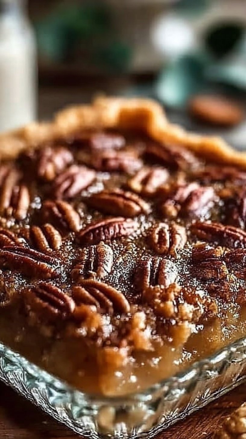 A golden brown pecan pie dump cake in a glass baking dish with a gooey custard layer and crunchy pecan topping.