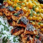 A vibrant Street Corn Chicken Rice Bowl with charred corn, spiced chicken, and lime-cilantro rice in a white bowl.