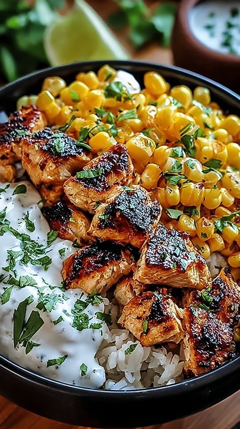 A vibrant Street Corn Chicken Rice Bowl with charred corn, spiced chicken, and lime-cilantro rice in a white bowl.
