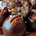 A tray of chocolate-covered pecan pie balls garnished with chopped nuts.