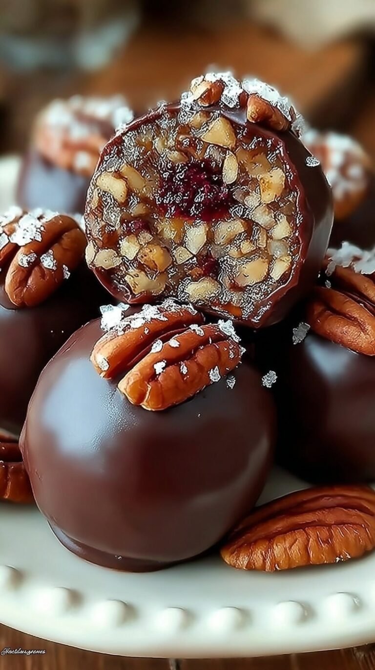 A tray of chocolate-covered pecan pie balls garnished with chopped nuts.