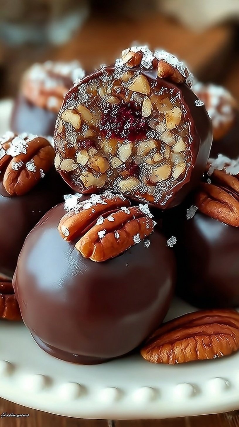 A tray of chocolate-covered pecan pie balls garnished with chopped nuts.