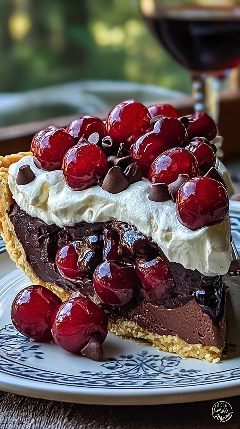 A slice of Chocolate Cherry Cream Pie with layers of chocolate ganache, red cherries, and white whipped cream.