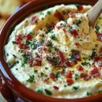 A bubbling dish of buffalo chicken dip topped with green onions and blue cheese
