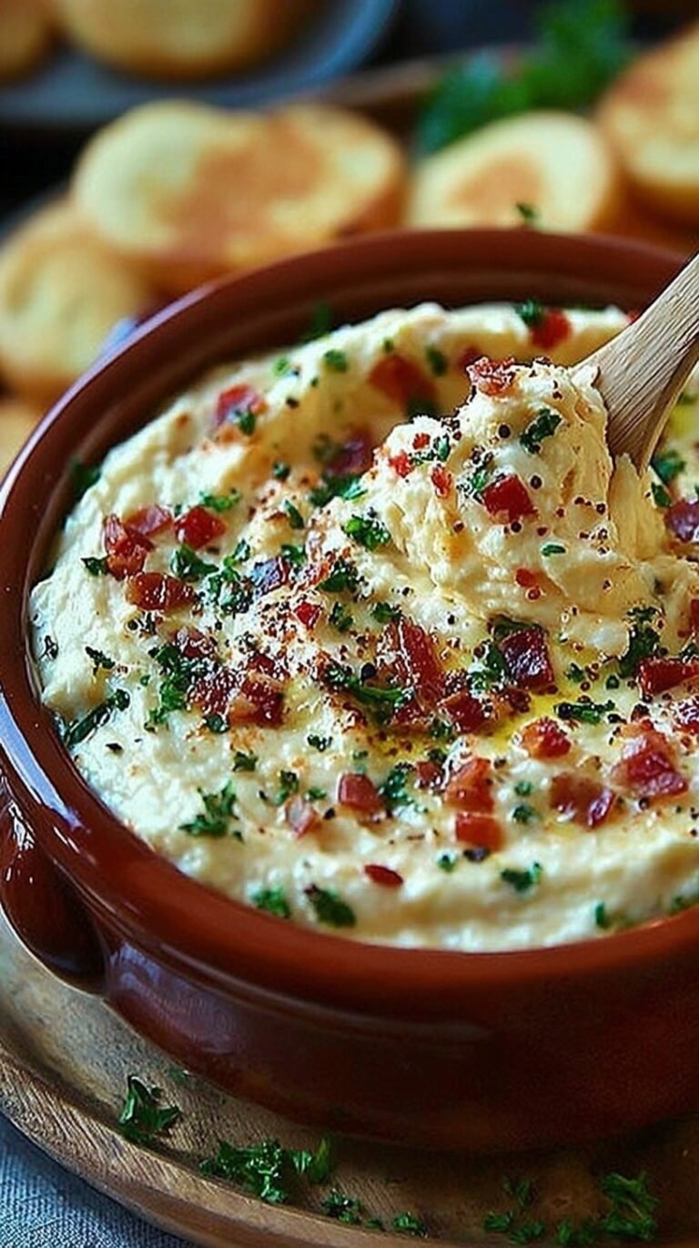 A bubbling dish of buffalo chicken dip topped with green onions and blue cheese