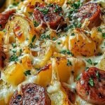 A sheet pan filled with golden roasted potatoes, sliced smoked sausage, and melted cheddar cheese.