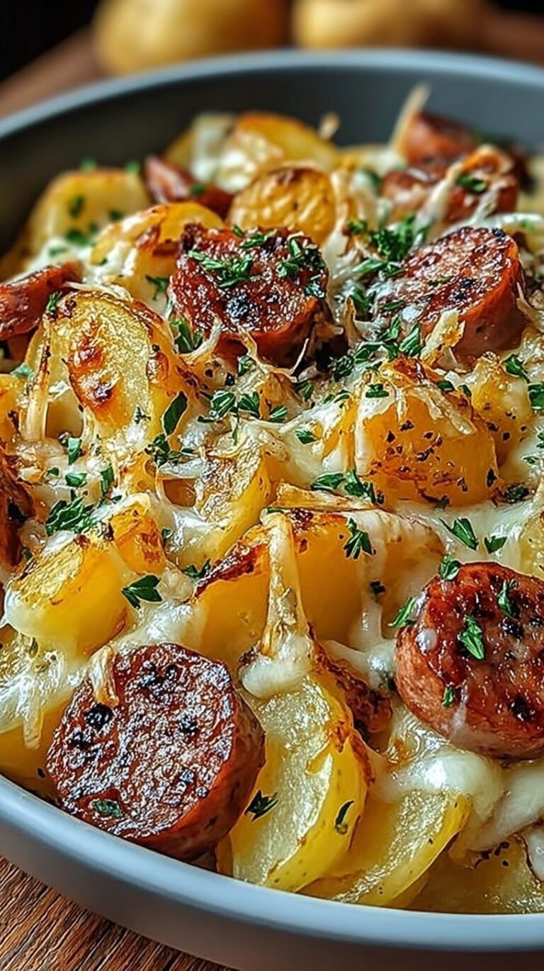 A sheet pan filled with golden roasted potatoes, sliced smoked sausage, and melted cheddar cheese.