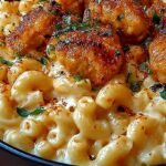 A bowl of creamy macaroni and cheese topped with golden fried chicken nuggets coated in a glossy honey pepper glaze.