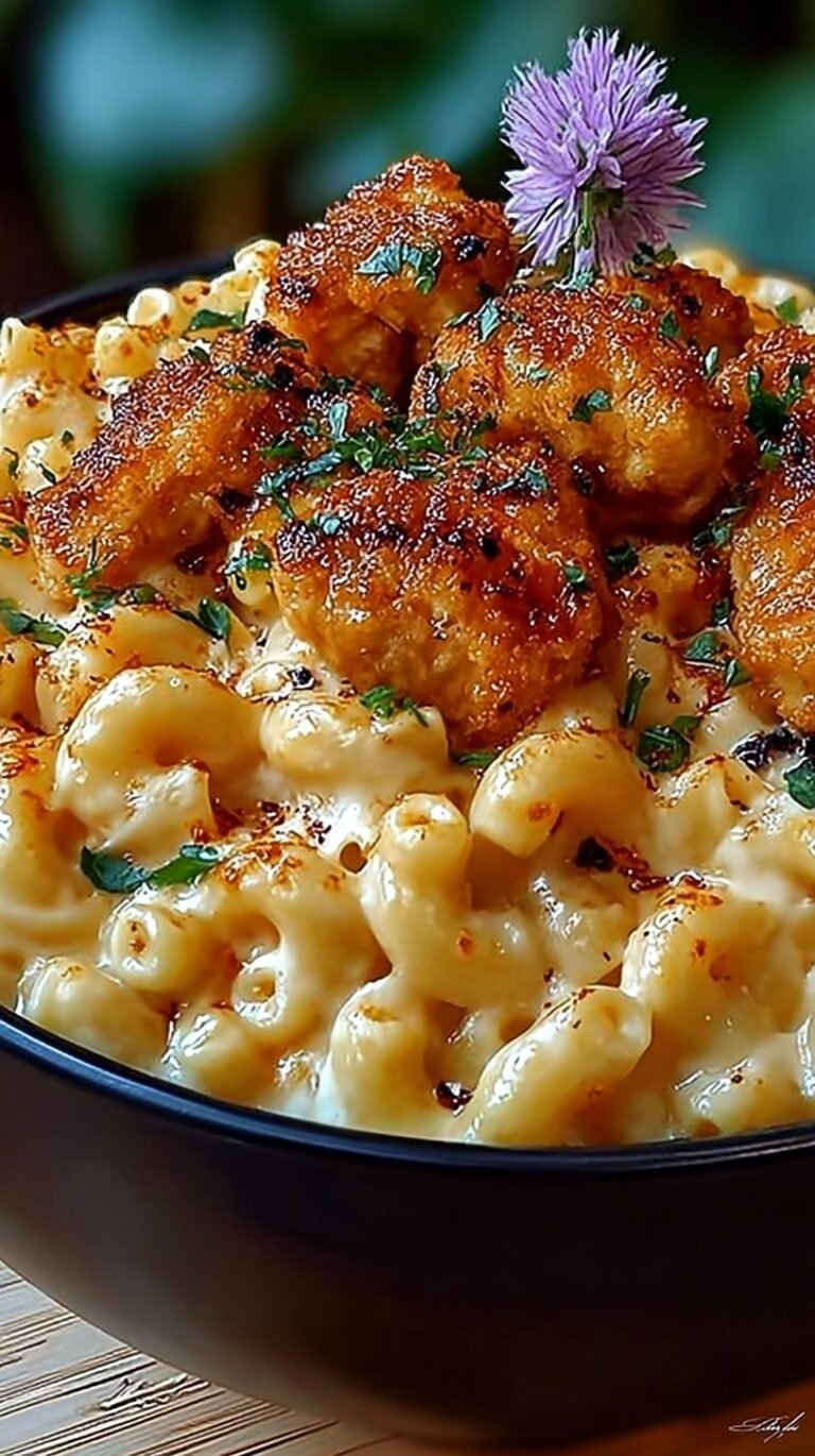 A bowl of creamy macaroni and cheese topped with golden fried chicken nuggets coated in a glossy honey pepper glaze.