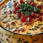 A bowl of creamy cheese dip with ground beef and tomatoes topped with fresh cilantro