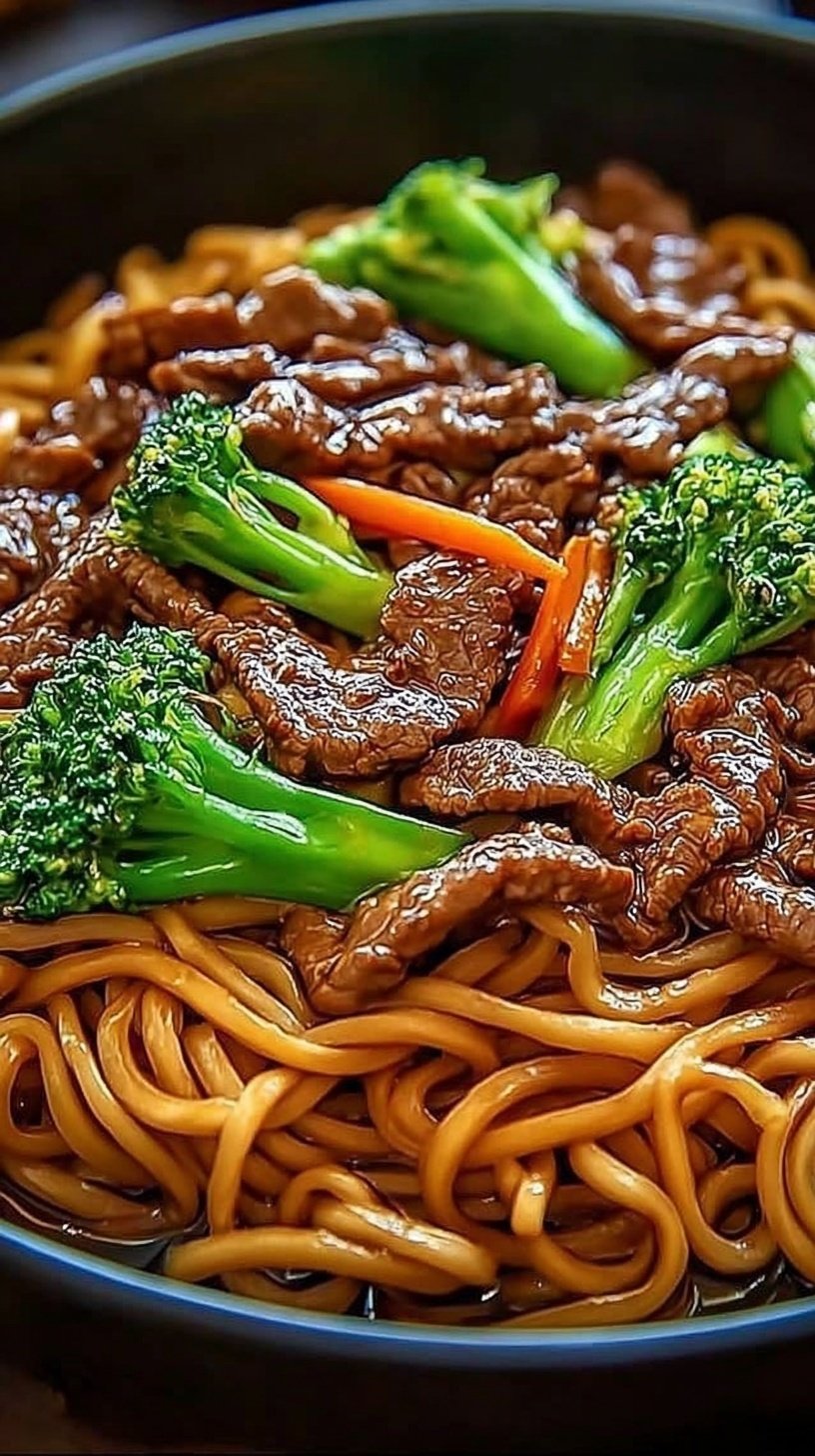 A steaming bowl of beef lo mein with colorful vegetables and tender steak strips