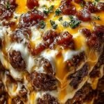A bubbling meatball casserole in a baking dish topped with melted mozzarella and fresh basil.