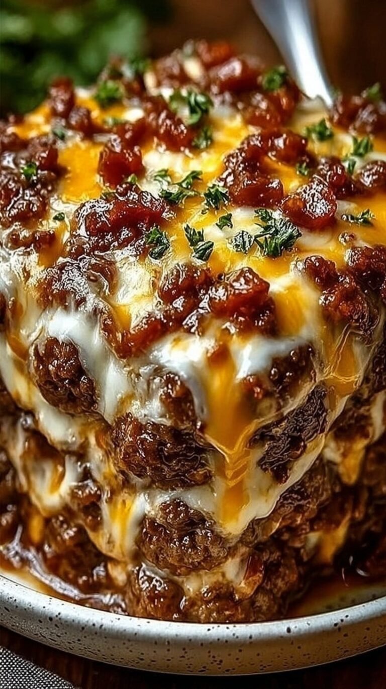 A bubbling meatball casserole in a baking dish topped with melted mozzarella and fresh basil.