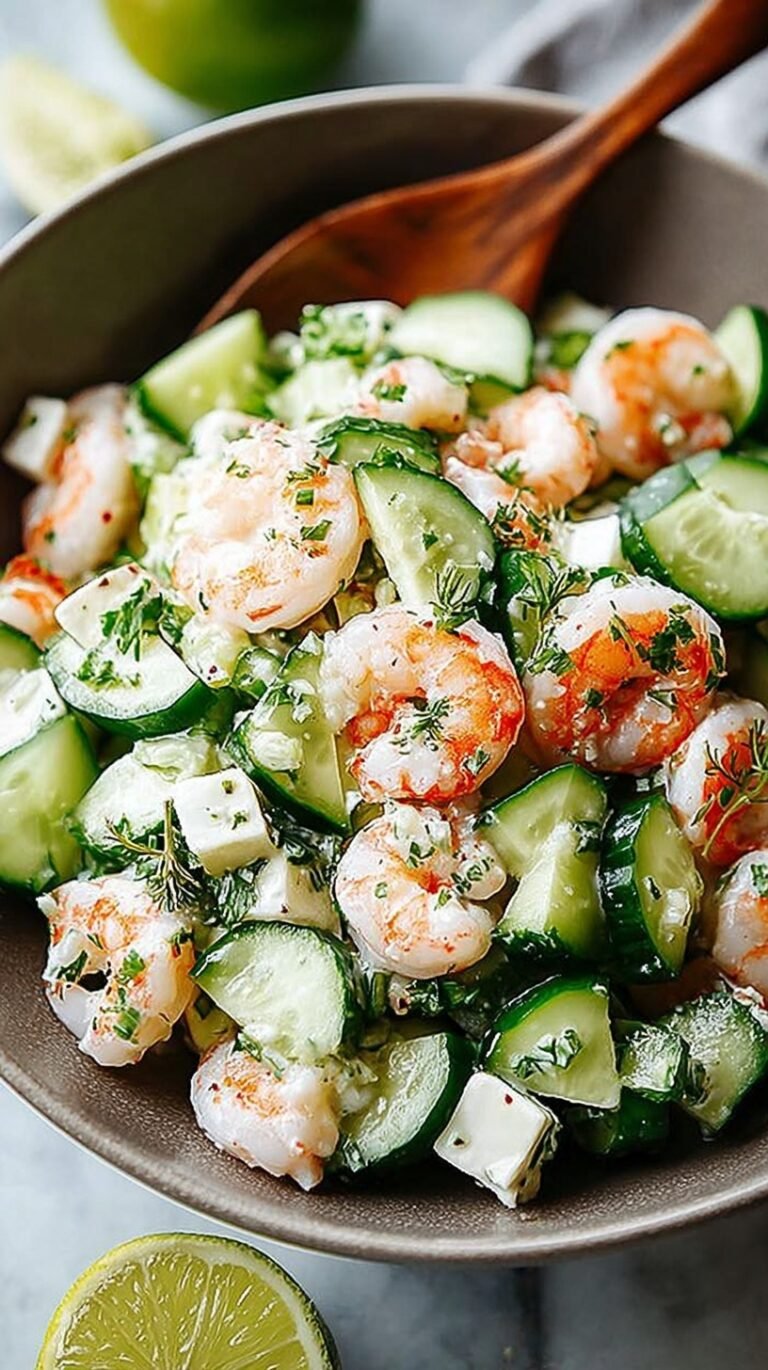 A bright bowl of cucumber shrimp salad with red onions and fresh dill