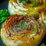 Thick slices of roasted cabbage with golden garlic and charred edges on a baking sheet.