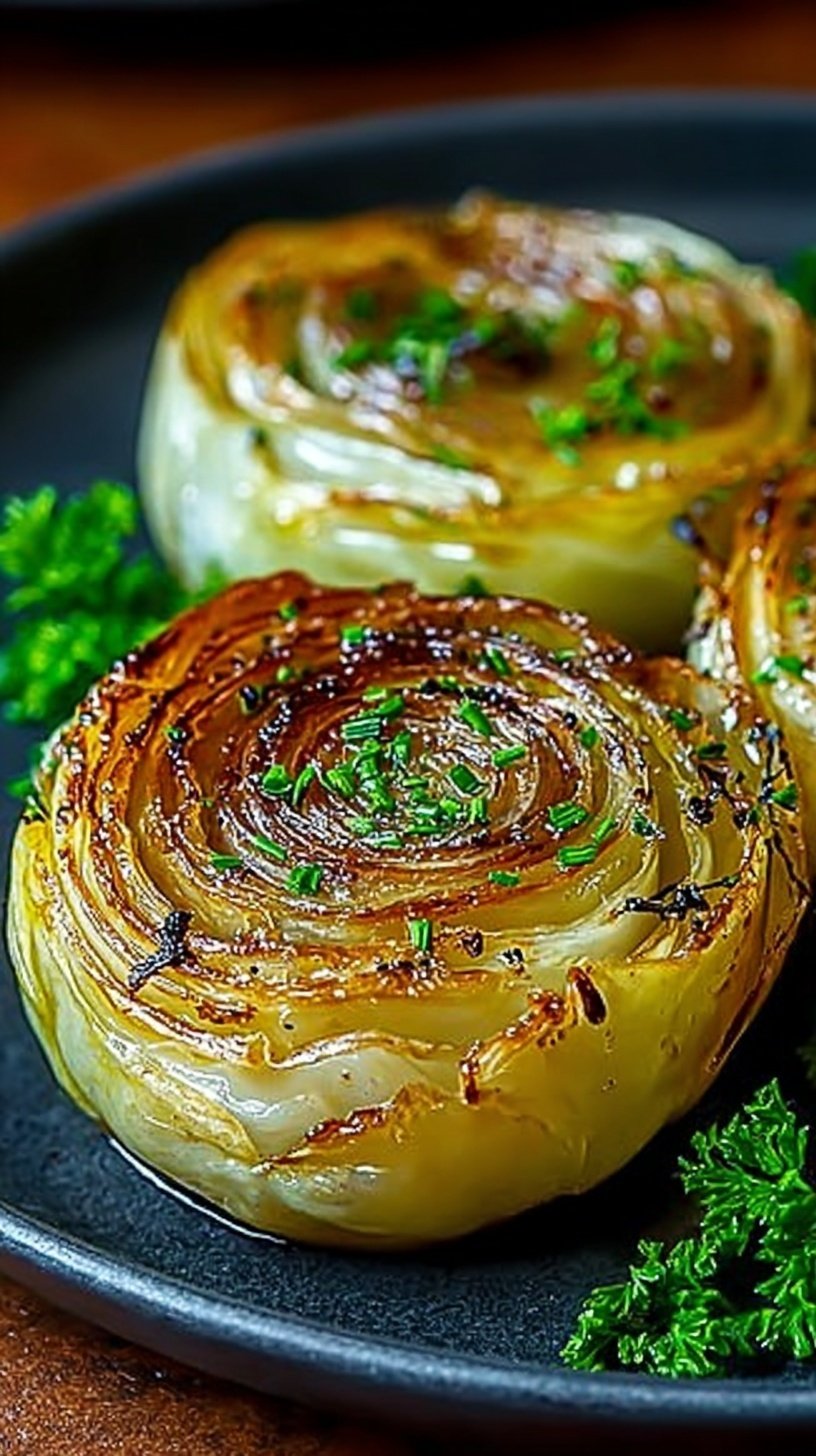 Thick slices of roasted cabbage with golden garlic and charred edges on a baking sheet.