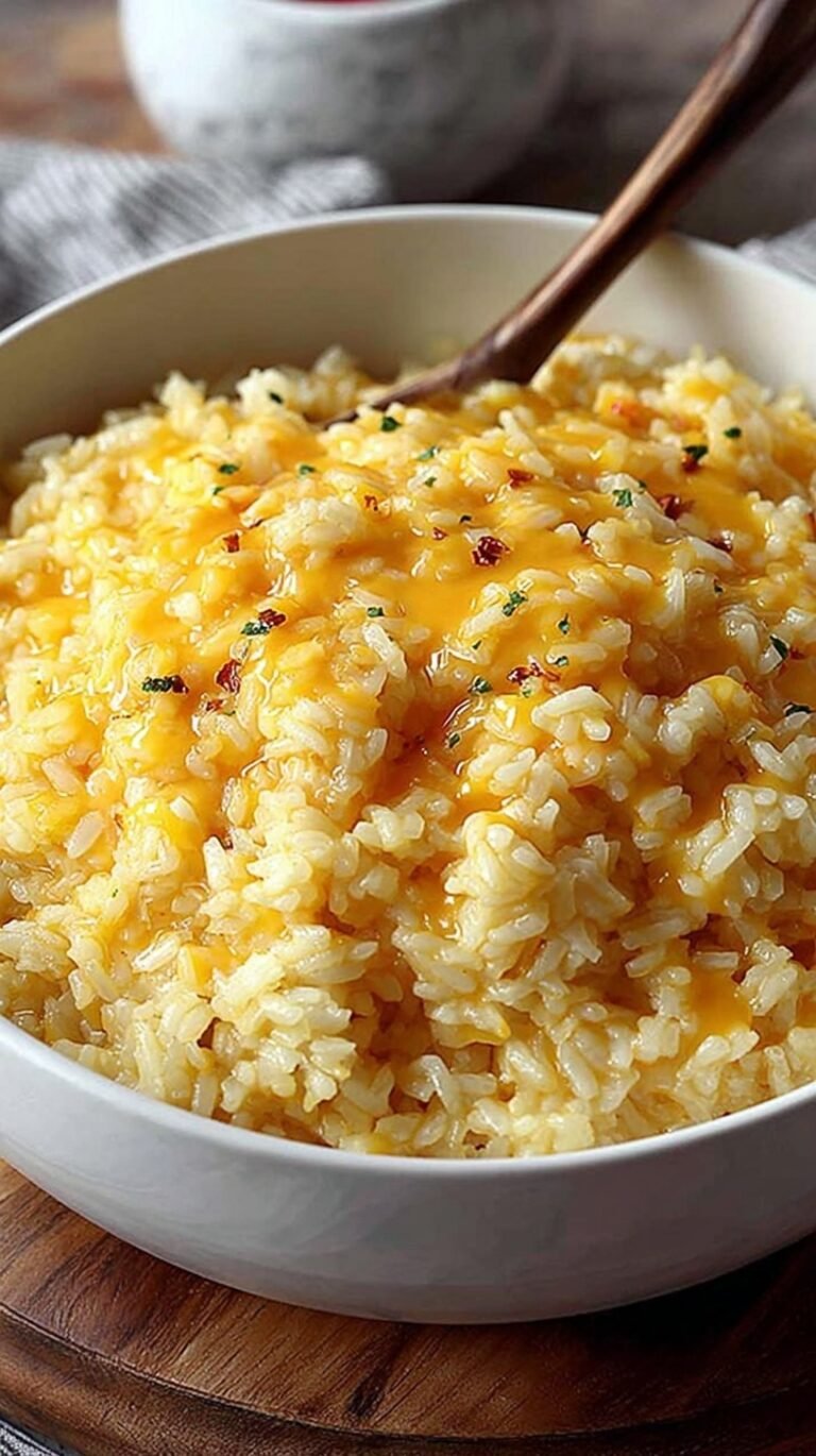 A bowl of golden creamy cheesy rice garnished with fresh green parsley