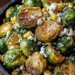 A bowl of roasted Brussels sprouts coated in a creamy white sauce with crumbled cheese and fresh cilantro.