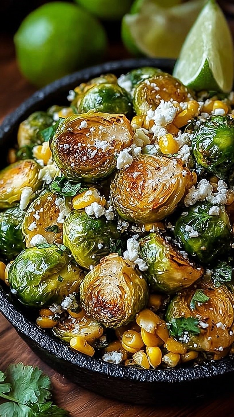 A bowl of roasted Brussels sprouts coated in a creamy white sauce with crumbled cheese and fresh cilantro.