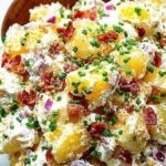 A large bowl of creamy potato salad topped with bacon, shredded cheddar cheese, and sliced green onions.