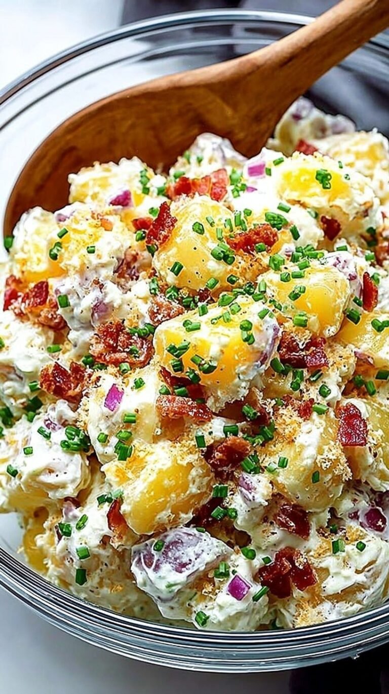 A large bowl of creamy potato salad topped with bacon, shredded cheddar cheese, and sliced green onions.