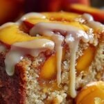 A golden brown peach cobbler in a white baking dish with fresh peach slices visible under a cakey crust.