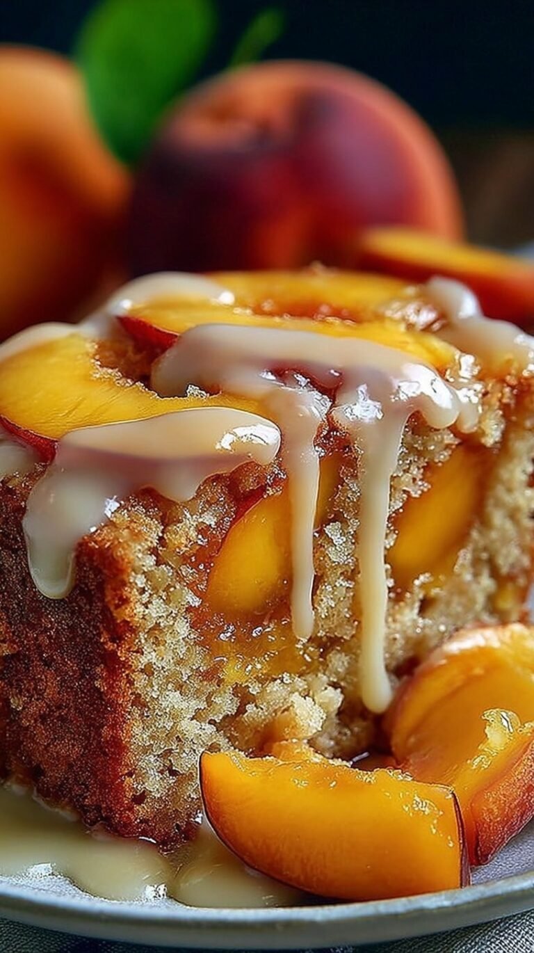 A golden brown peach cobbler in a white baking dish with fresh peach slices visible under a cakey crust.
