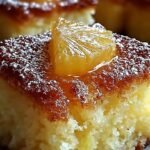 A golden brown pineapple condensed milk cake sliced in a baking pan.