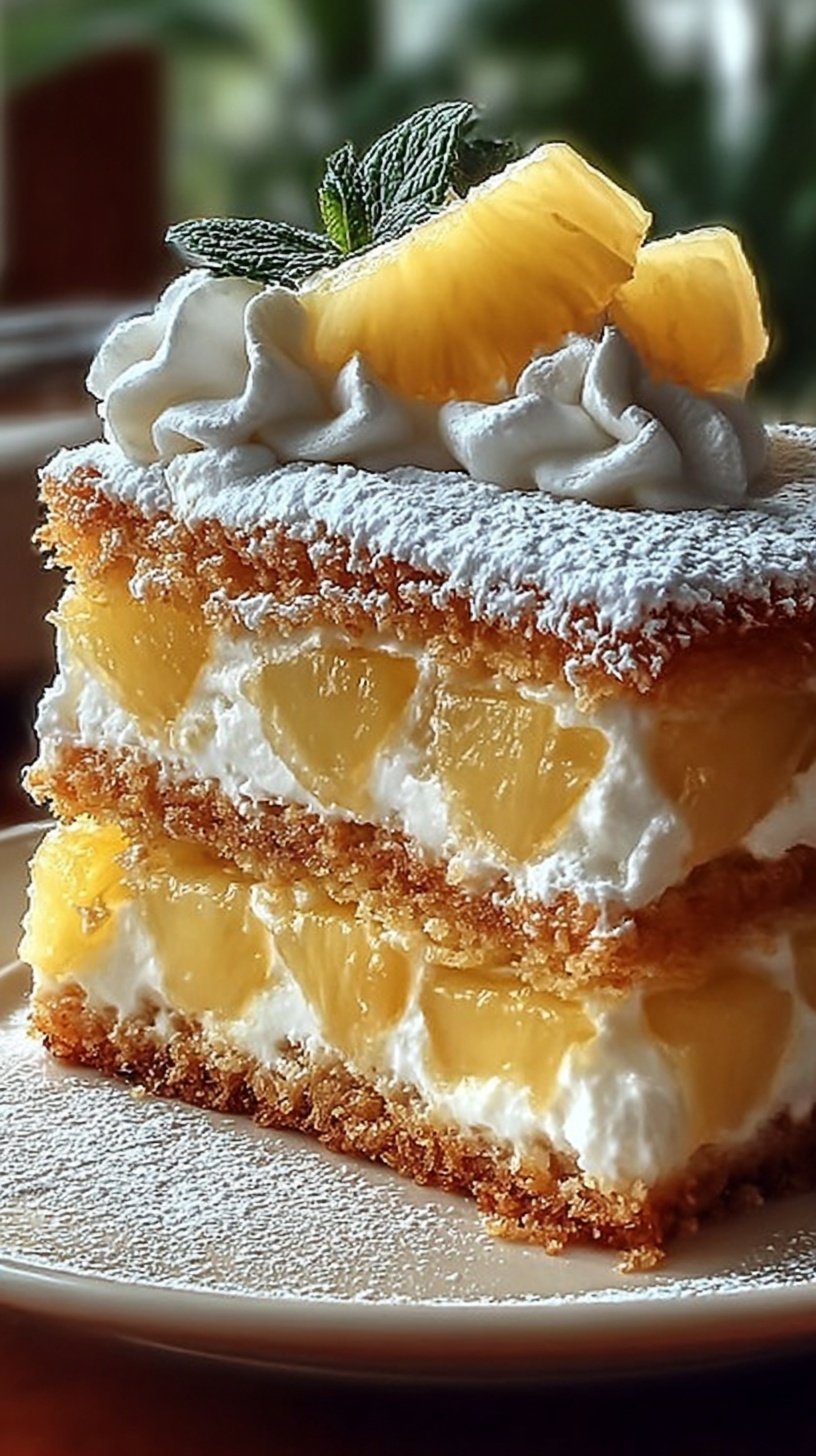 A slice of moist pineapple sheet cake topped with creamy white frosting and chopped pecans.