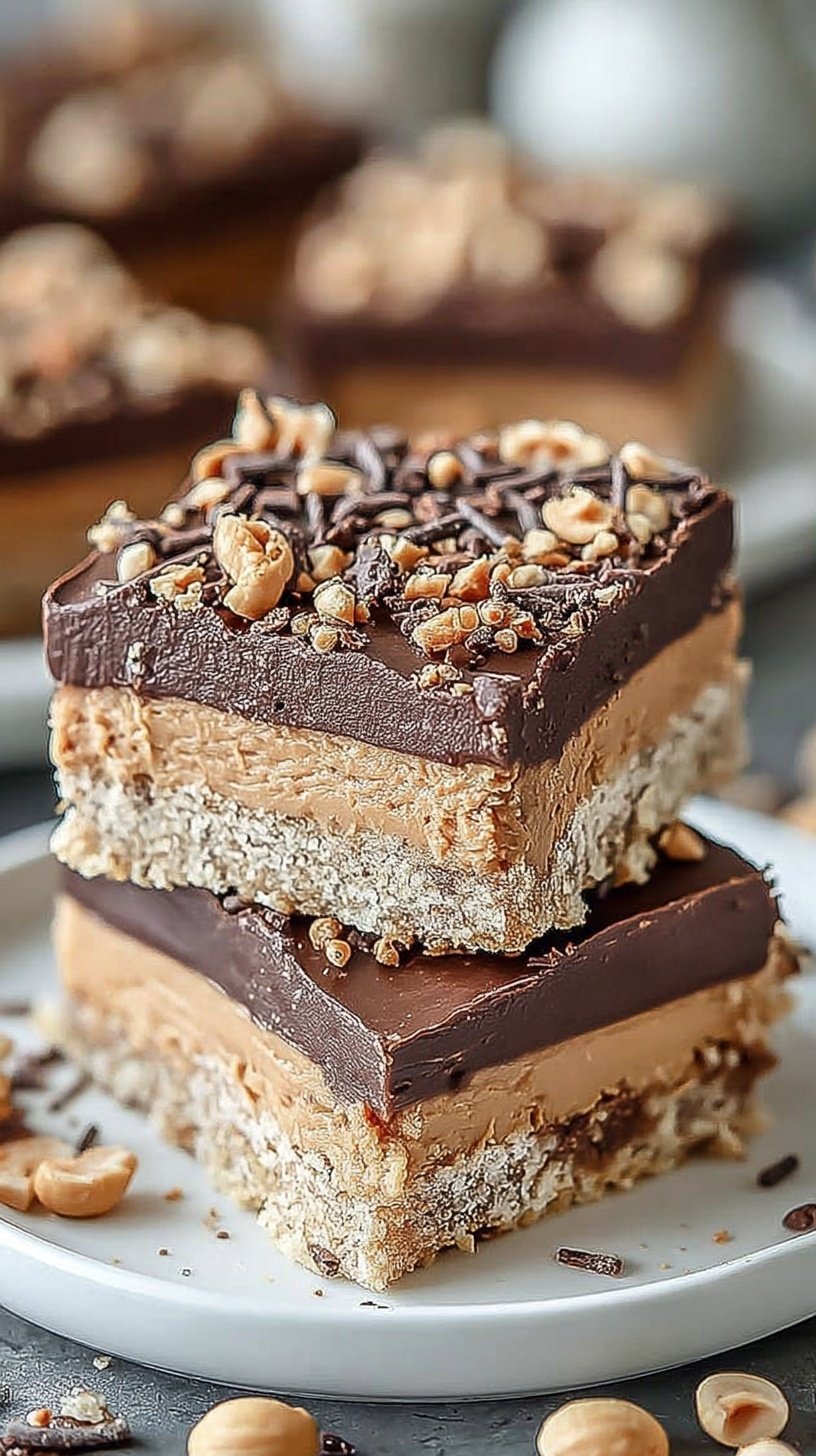 A stack of square chocolate-topped peanut butter sandwich bars on a white plate.