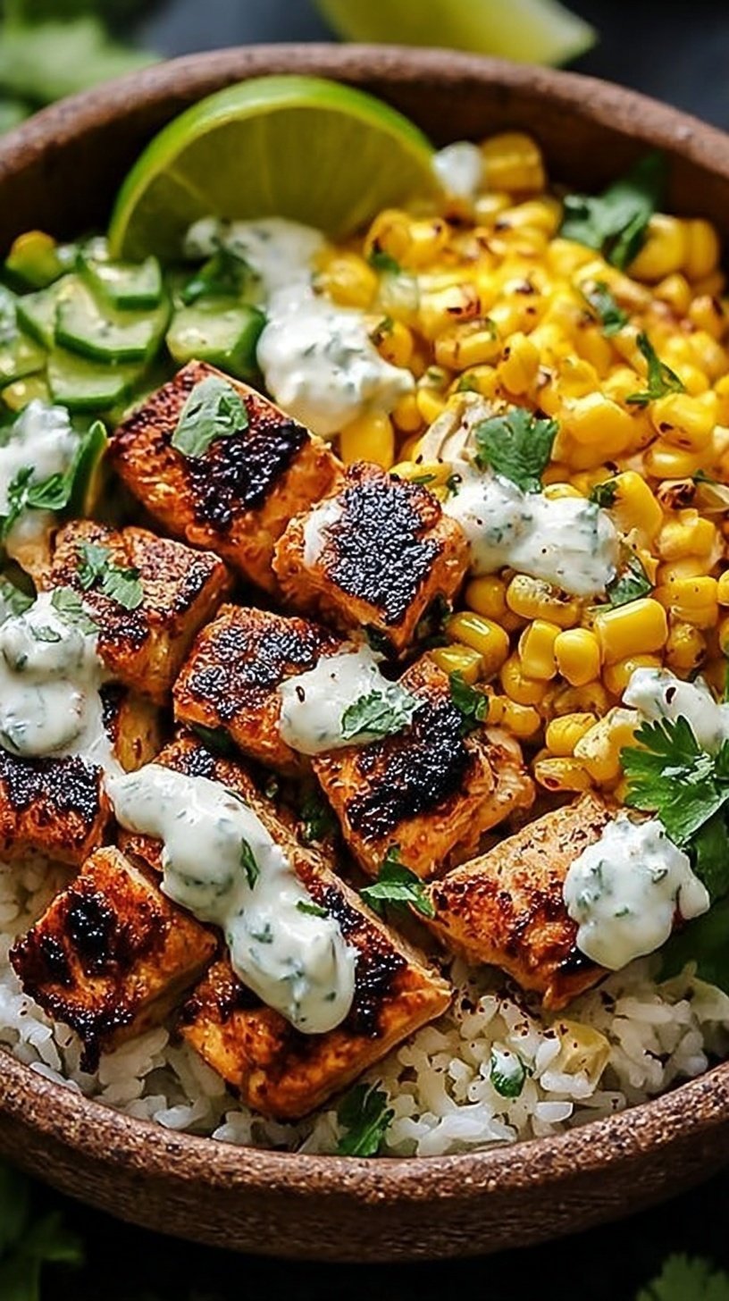 A vibrant Street Corn Chicken Bowl topped with cotija cheese and fresh cilantro