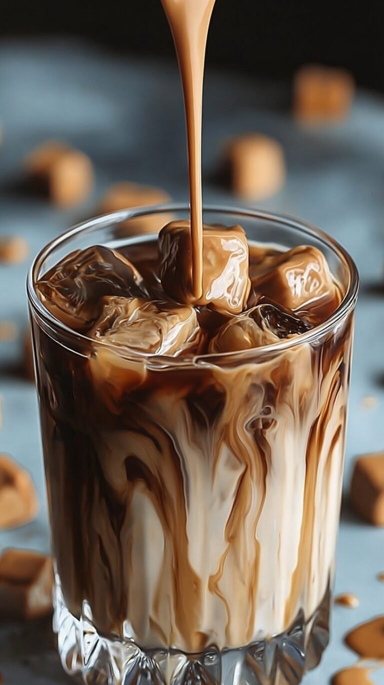 A tall glass of cold brew coffee topped with a thick layer of peanut butter cold foam and ice cubes.